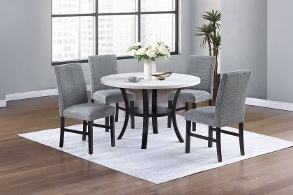 Modern Elegant 5pc Dining Set Fog Corduroy Chairs White Top Table w Lower Shelf Kitchen Dining Room