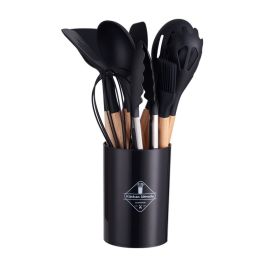 11pcs Wooden Handle Silicone Kitchen Utensils Set Storage Bucket Non-stick Shovel Spoon Cooking Kitchen Utensils 11 Pieces Set Silicone Shovel Spoon (Color: black)